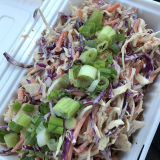 MISSISSIPPI BOWL - BBQ soy curls, two kinds of BBQ sauce, dill peppercorn ranch, fresh crisp slaw and scallions on a bed of jasmine rice.