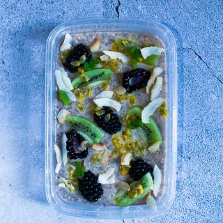 Banana Chia & Oat Protein Pudding - with kiwi fruit, blackberries, passionfruit, toasted coconut & fresh mint 