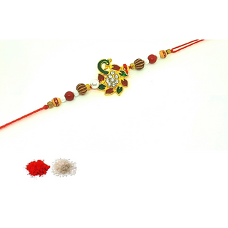 Peacock Rakhi_Beads_CC001 with Roli Chawal 