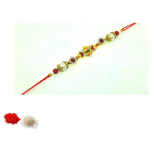 Meenakari Rakhi With Pearls_Red Stone_CC005 with Roli Chawal