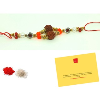 Rudraksh Rakhi_Red Stone_CC009 with roli chawal & Best Wishes Card