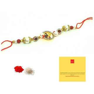 Gold Platted Sri Ganesh_Aum Rakhi_Pearls_Stone_CC006 with Roli Chawal & Best Wishes Card