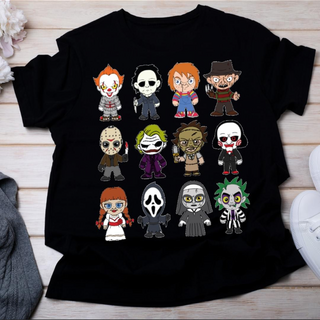 Adult Black T-Shirt - 12 Horror Movie Characters